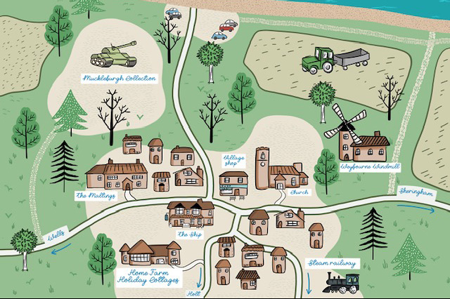 Map of Weybourne's key facilities: shop, church, pub...